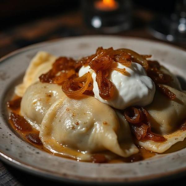close-up plate of Polish pierogi ruskie topped with caramelized onions and sour cream, rustic dark background, moody restaurant lighting, 4:3