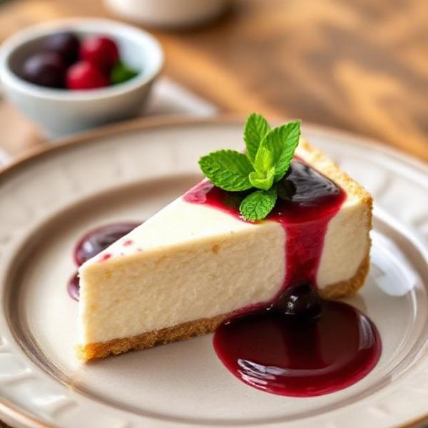 slice of Polish sernik cheesecake with berry coulis, mint, ceramic plate, soft natural light, 4:3