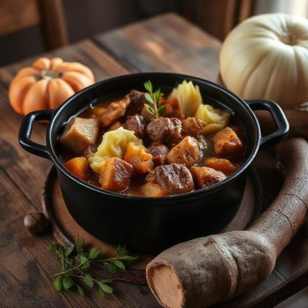 Polish bigos hunter's stew in cast iron pot, cabbage and meats, bay leaves, rustic wooden table, warm light, 4:3