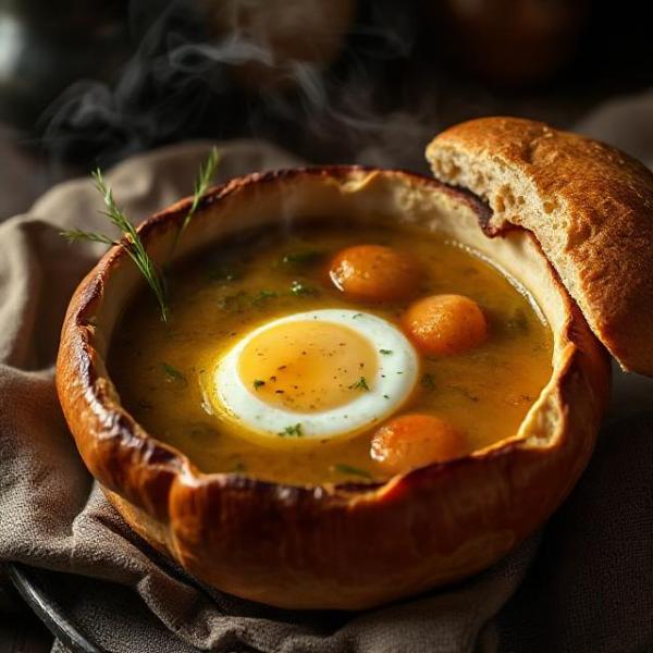 traditional Polish zurek soup served in a bread bowl with white sausage and half egg, steam, moody lighting, 4:3